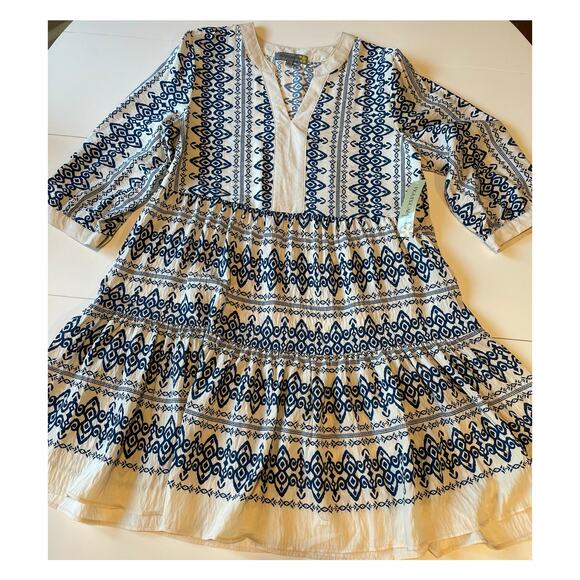 Figueroa & Flower NWT Tiered Boho Dress V-Neckline Blue Cream Geo Print Sz L - Picture 6 of 10